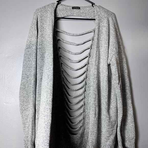 Express Open Front Cardigan Lg/XL Gray Cut Out Back Knit sweater Long Sleeve - Picture 2 of 8